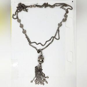 Vintage Park Lane Silvertone Tassel Pendant Long Necklace Scroll Heart Accents